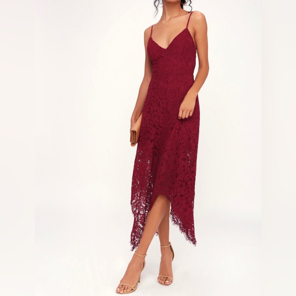 Lulus One Wish Burgundy Lace Midi Dress, size small